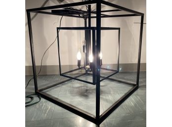 Modern Contemporary Eight Light Hanging Chandelier Open Cube In Cube Black Metal 2 Feet Square