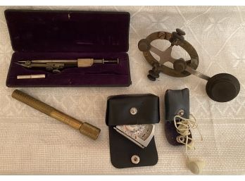Junk Drawer Lot Vintage Gadgets EZE Lap Diamond M, Morse Code Part, Alpex Light Metre, Drafting Tool, Earphone