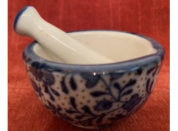 Small Mini Mortar & Pestle White Porcelain Decorative Floral Blue & White Brown Dots