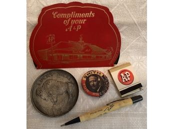 Junk Drawer Lot 12 Vintage Advertising A&P Matches & Needle Case, Mechanical Pen, Lucky Nickel, Smith Pinback
