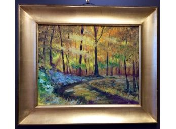 GOLD FOREST PATH PAINTING BY RAYMOND JAWORSKI: Fall Woods In Norwalk, Connecticut, Gorgeous Color, Gold Frame