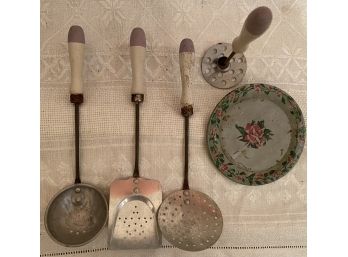 Junk Drawer Lot 7 Vintage Play Set Kitchen Toy Utensils Playing House Wood Aluminum  Tin Litho Plate Roses