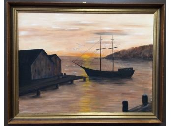 SUNSET PAINTING WITH BOAT By Helen Clarke, 1966, Ship By Dock, Gulls Over Ocean