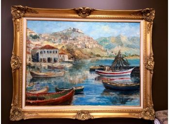 ITALIAN AMALFI COAST OIL PAINTING, MASSIVE GOLD FRAME: Vintage, Signed Artwork, Boats Moored In Ocean