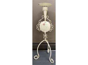 Vintage Iron Floor Standing Pillar Wide Taper Candle Holder Stand  Shabby White Floral With Prong  22 5/8 H