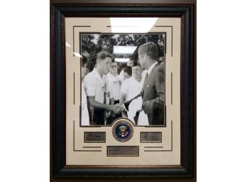 FUTURE PRESIDENT BILL CLINTON & JFK PHOTOGRAPH: Framed With Facimilies Of Signatures & Presidential Patch