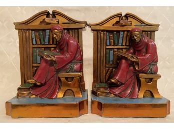 Vintage 1920 Antique Cast Metal Pair Of Bookends Monk With Books In Library L V Aronson USA Bronze Color