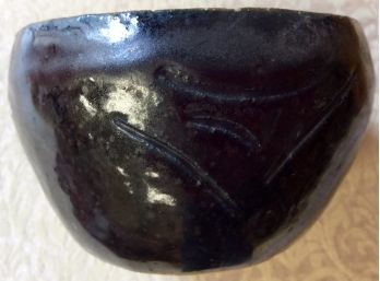 2.5' TALL HAND THROWN POTTERY BOWL: Signed Edna P1, Burnt Umber Or Black Glaze, Geometric Decoration