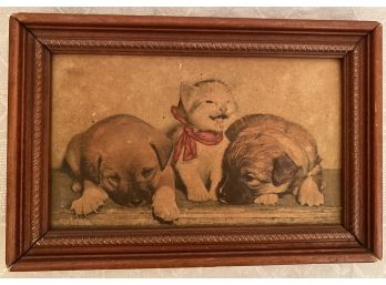 Vintage Susie The Laughing Cat & Two Puppy Dogs Puffy 3-D Raised Litho Print Wood Frame Small Pet Animal Art