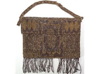 FRENCH STEEL BEADED PURSE: Antique With Flap Closure, Fringe, Pattern Made By Varying Colored Beads