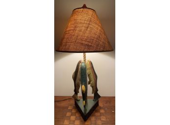 Contemporary Nautical Matitime Three Wooden Fish Large Table Lamp With Textured Lamp Shade