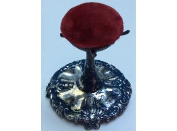 SILVER PLATE PAIRPOINT PINCUSHION, Red Velvet, 4 Tiny Prongs Or Arms Around Velvet