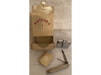 Junk Drawer Lot 3 Vintage Match Box Holder, Wall Match Caddy, Schick Austria Lighter, Schrade Pipe Cleaner