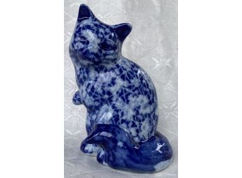 Vintage Floral Chintz Pattern Blue White Kitty Cat Figurine Ceramic