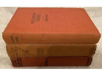 Vintage Lot Of 3 Decorative Orange Hardcover Books Decor Prop Staging Zane Gray Clemens Kipling