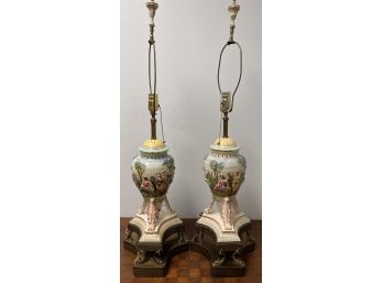 Pair Vintage Capodimonte Large Table Lamps Porcelain People Women Classical Scene Ornate Dolphin Base