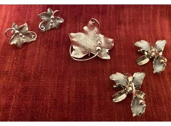 Vintage Lot Sterling Silver Leaf Pendant Brooch Pin Screw Back Earrings Silver Tone Iris Pair Scatter Pins