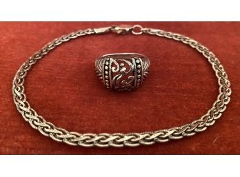 Vintage Lot Silver Tone Anklet/bracelet & Ornate Ring Size 6 Or 7