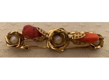 Vintage Orange Stones Coral Botswana Agate Pearl Gold Tone Safety Pin Brooch
