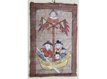 Vintage Antique Asian Chinese Hand Painted Folk Art Scroll Men Symbolic Scene Hanging Natural Materials