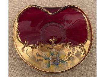 Vintage Czech Red Bohemian Glass Enamel Floral Decoration Gold Small Pin Tray Ashtray