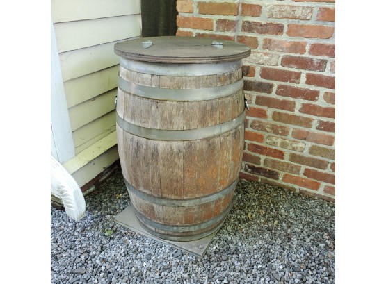 LARGE Wooden Rain Barrel With Strong Metal Strapping, Handles, A Lift Lid & A Slate Base