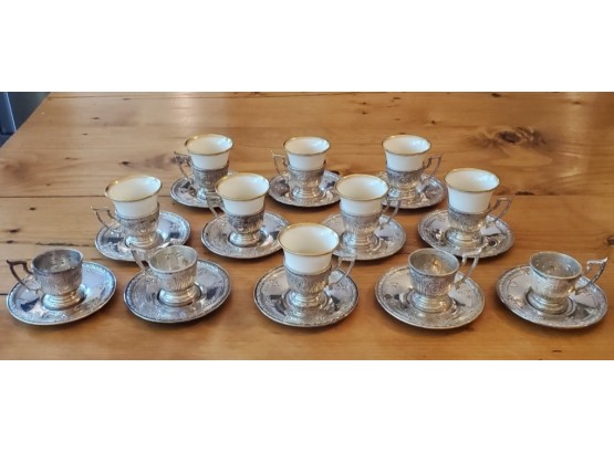 Vintage Sterling Silver Demitasse Cup Holders & Saucers With Lenox China Cup Inserts 45.2 Ozt Silver