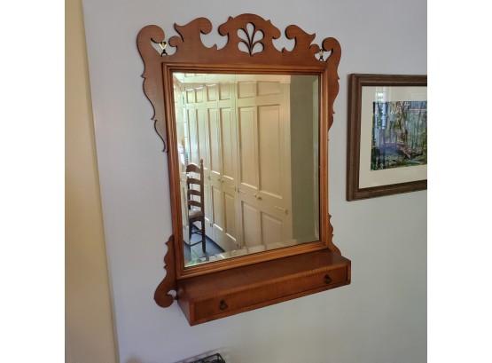 Hand Made Wall Mirror With Beveled Glass, Tiger Maple Woods & One Drawer