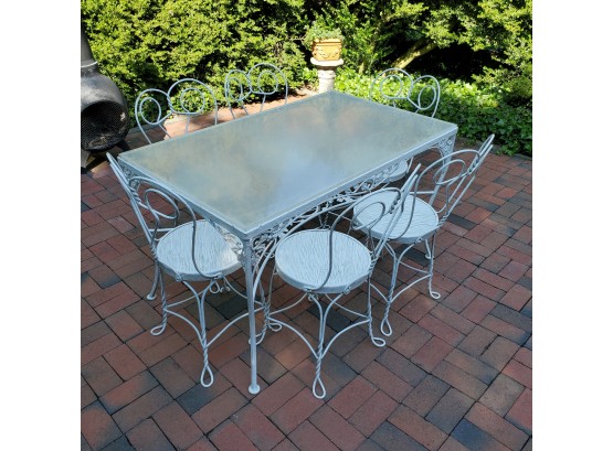 Vintage Wrought Iron Patio Table Set With Six Ice Cream Parlor Chairs