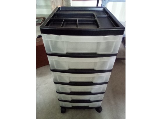 Six Drawer Poly Cart On Wheels And Top Portion Serves As Organizer
