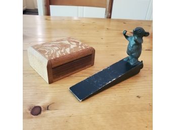 Vintage Bronze Mouse Doorstop & Hand Crafted Wood Cigarette Box