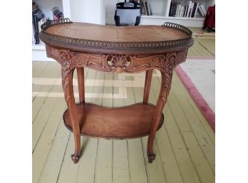 Antique French Two-tiered Kidney Shaped Occasional Table, With Inlaid Floral Marquetry &2 Metal Raised Gallery