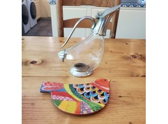 Creative Silverplate & Glass Duck Pitcher & Colorful Bird Plate From Unicef
