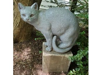 Garden Statue - Stone Grey Cat On Cement Pedestal