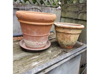 Two Large Terra Cotta Clay Planters With Antiqued / Ages Finishes