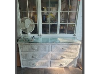 White Wicker Style 6 Drawer Cabinet  With Glass Top Panel