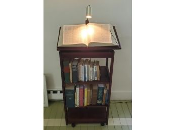 Useful Rotating Wood Dictionary / Bible Holder / Or Podium With 3- Shelf Unit & Lamp And Dictionary Included