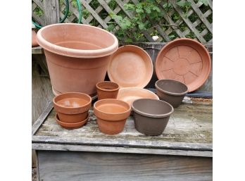Large Lot ( 11 Pieces ) Of Planters & Drip Trays- Terra Cotta Clay And Plastic