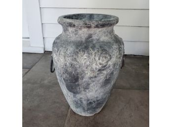 Earthstone Vase, Gray- Coated Pottery With Brass Handles