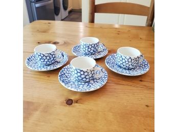 Set Of Four Espresso Cups & Saucers Lovely Blue And White  Made In Italy