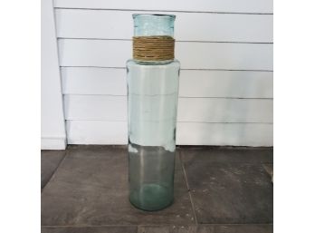 Tall Light Aqua Glass Vase With A Straw Wrapped Neck Band
