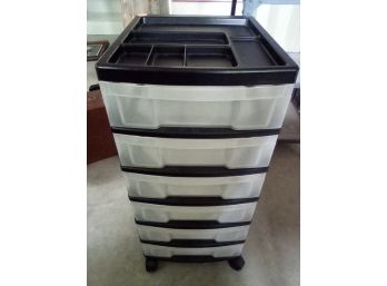 Six Drawer Poly Cart On Wheels And Top Portion Serves As Organizer