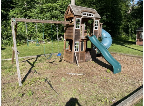 Solid Wooden Playscape With Swings And Slides