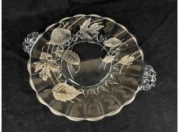 Silver Toned Leaf Design On Glass Platter