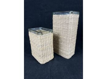 Pair Of Wicker Wrapped Glass Vases