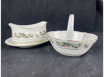 Holly Yuletide Gravy Boat And Basket Made In Japan