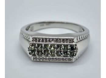 Sapphire & White Zircon Men's Ring In Platinum Over Sterling