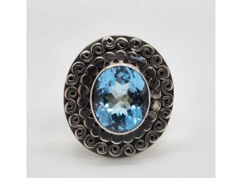 Blue Topaz Sterling Silver Ring With Beaded Scrollwork