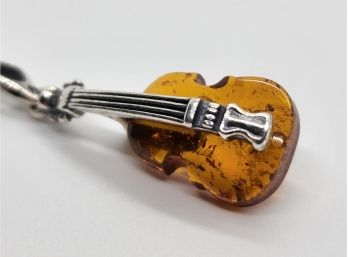 Carved Baltic Amber Guitar Pendant Necklace In Rhodium Over Sterling