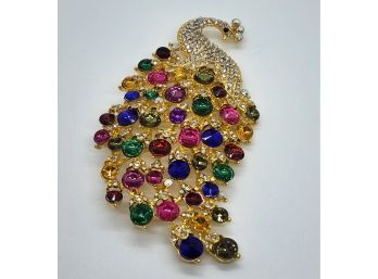 Stunning Large Peacock Brooch With Multi Color Crystal